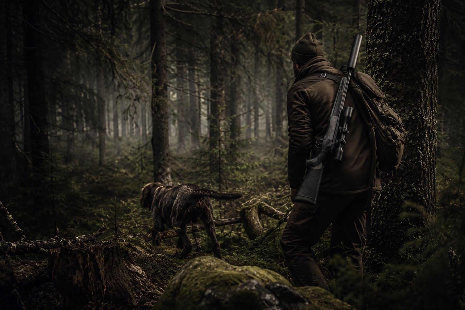 Jäger mit Hund im Wald